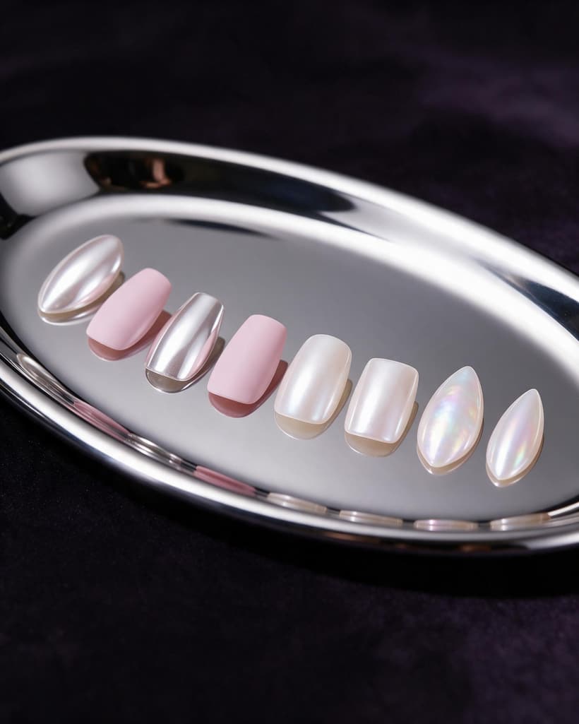 Huit capsules sur un plateau chromé : formes amande, carrée et ovale, en rose laiteux, nacré, chrome argent et irisé.