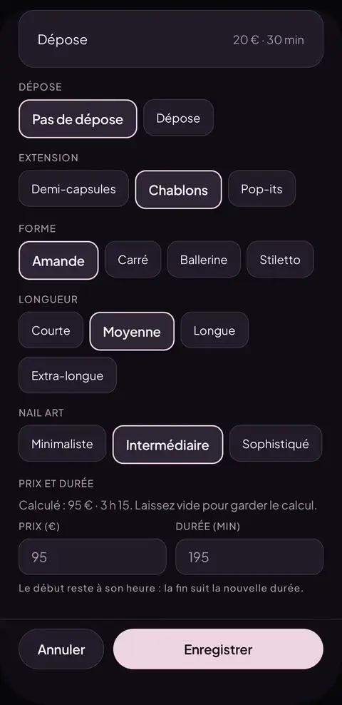 Capture animée de l’app Cuty côté pro : sur la fiche d’un rendez-vous accepté, la prothésiste touche « Modifier la prestation » et passe le nail art de Minimaliste à Intermédiaire ; le calcul passe de 85 € · 3 h à 95 € · 3 h 15.