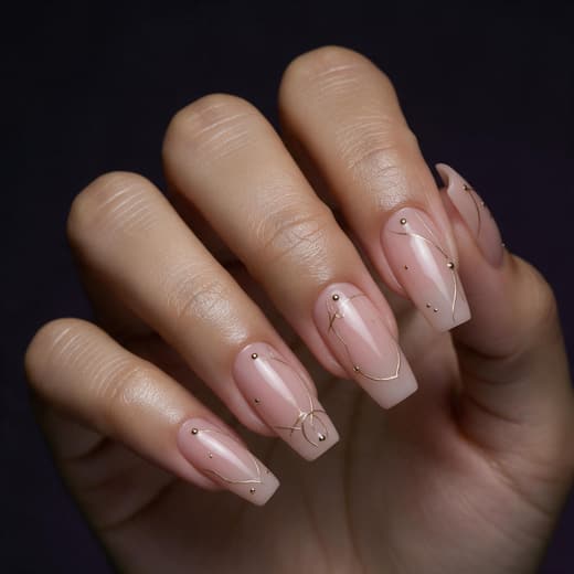 Ongles longs en forme ballerine, nude rosé, décor de fil doré et petites perles dorées.