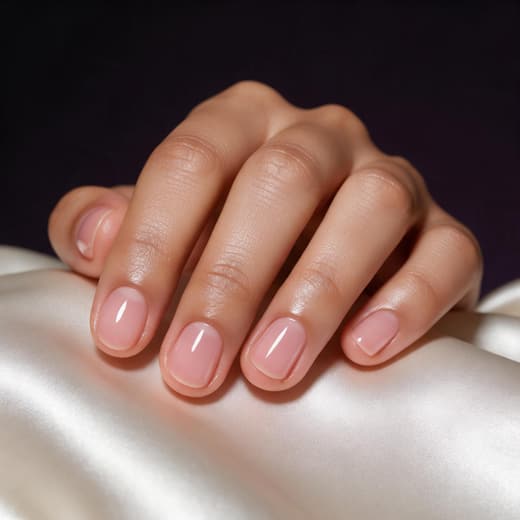 Ongles courts arrondis, gel rose transparent, main posée sur un satin blanc.